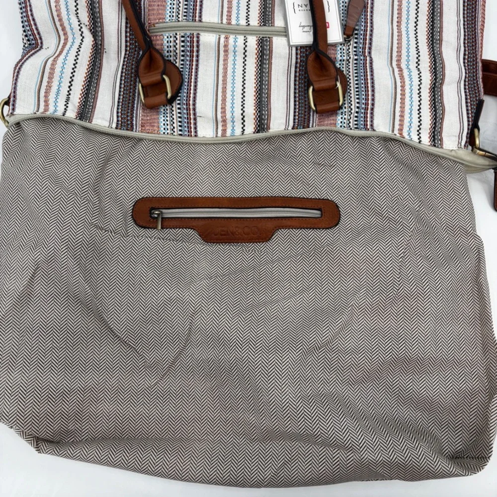 Jen & Co River Weekender Womens Large Striped Canvas Vegan Leather Tassel Boho